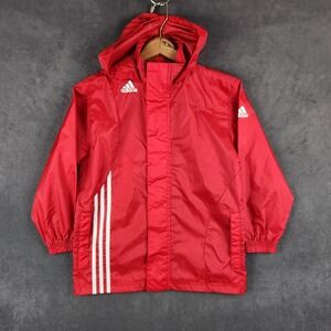 Adidas Windbreaker Jacket Kids Small Red Hooded Full Zip Mesh Lined Lightweight